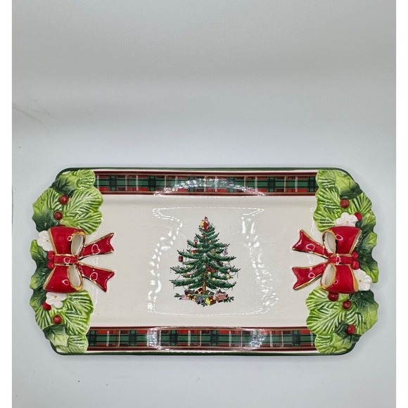 Spode Christmas Tree Ribbons Rectangular Platter Collectors Ceramic - Picture 2 of 8